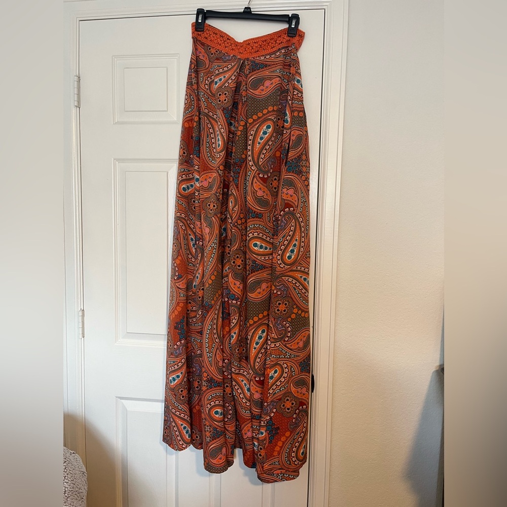 Aakaa Paisley Wide Leg Strapless Jumpsuit - Orange and Brown